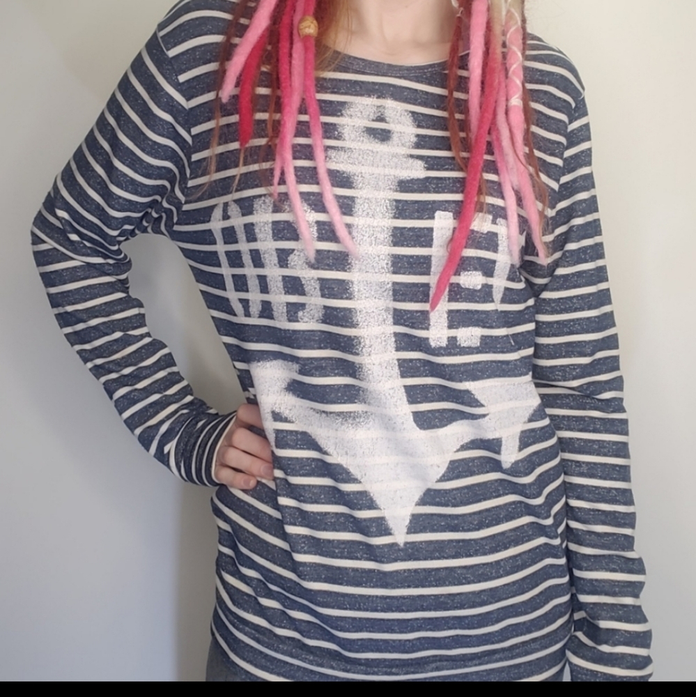 Obey Top Womens Long Sleeve Shirt Striped Blue Anchor Medium Spray Paint NEW - Picture 2 of 10